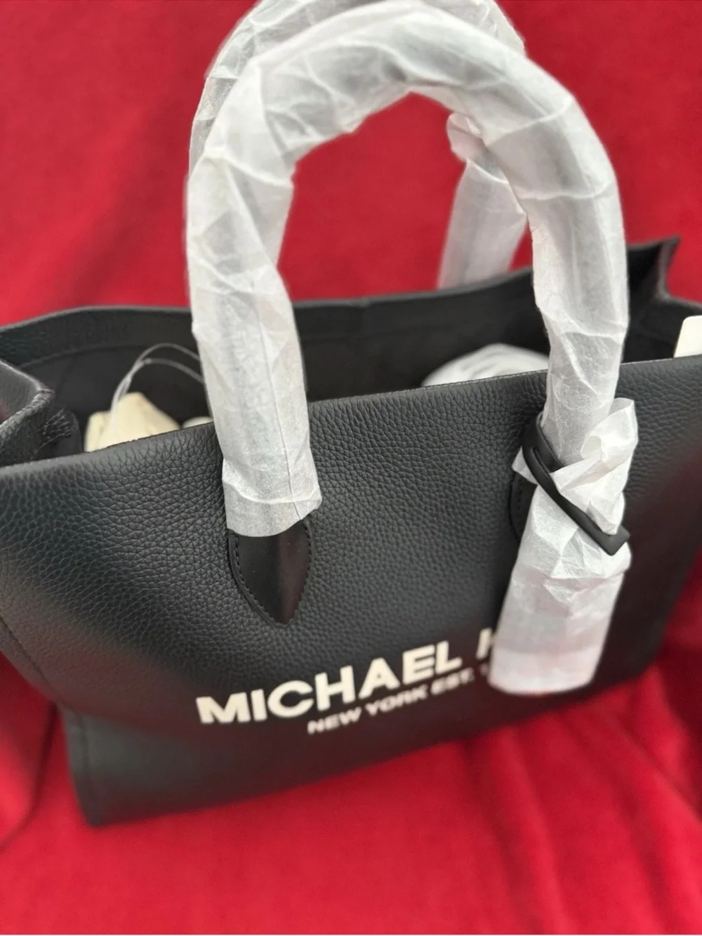 Michael Kors Black Leather Logo Tote with Gold Lettering